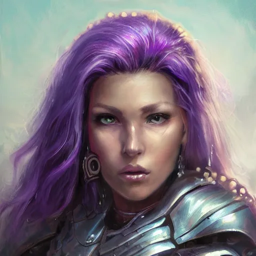 Prompt: extreme close up portrait of a beautiful woman in bionic amethyst armor, female, flowing purple hair, intense stare, stoic, symmetrical, concept art, intricate detail, volumetric shadows and lighting, realistic oil painting magic the gathering style, destiny,