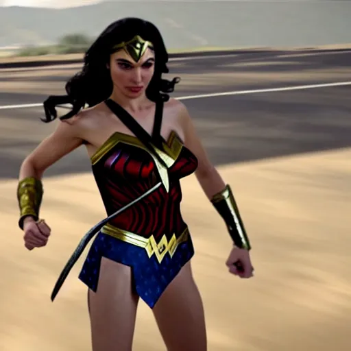 Prompt: Gal Gadot as Wonder Woman juggling knives in GTA 5.