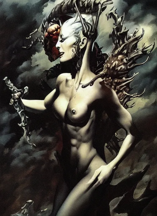 Image similar to portrait of demoness soldier, above black clouds, black iron tiara, strong line, deep color, forest, beautiful! coherent! by boris vallejo, by frank frazetta, minimalism