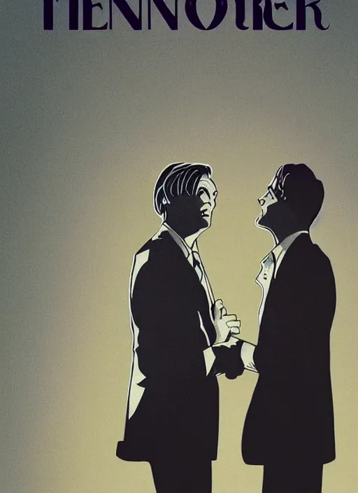 Prompt: Twin Peaks portrait of Mads Mikkelsen and Hugh Dancy holding hands romantically as they chaperone school dance by Michael Whelan, Bob Larkin and Tomer Hanuka, simple illustration, domestic, nostalgic, clean, Matte painting, trending on artstation and unreal engine, New Yorker magazine cover, 1980s romance book cover