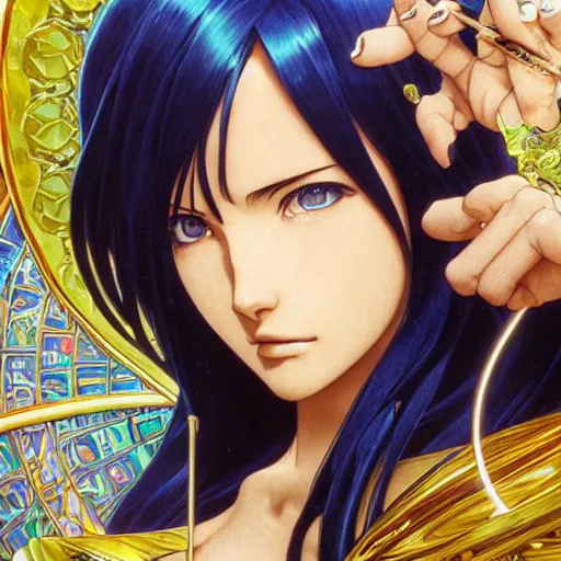 Image similar to highly detailed vfx portrait of nico robin by eiichiro oda, makoto shinkai, alphonse mucha, sharp focus, art by artgerm and greg rutkowski!, backlit, harsh overhead sunlight, blue eyes, aquiline nose, stanley kybric, kaoru mori, hyper detailed, smooth pixiv, fanbox,