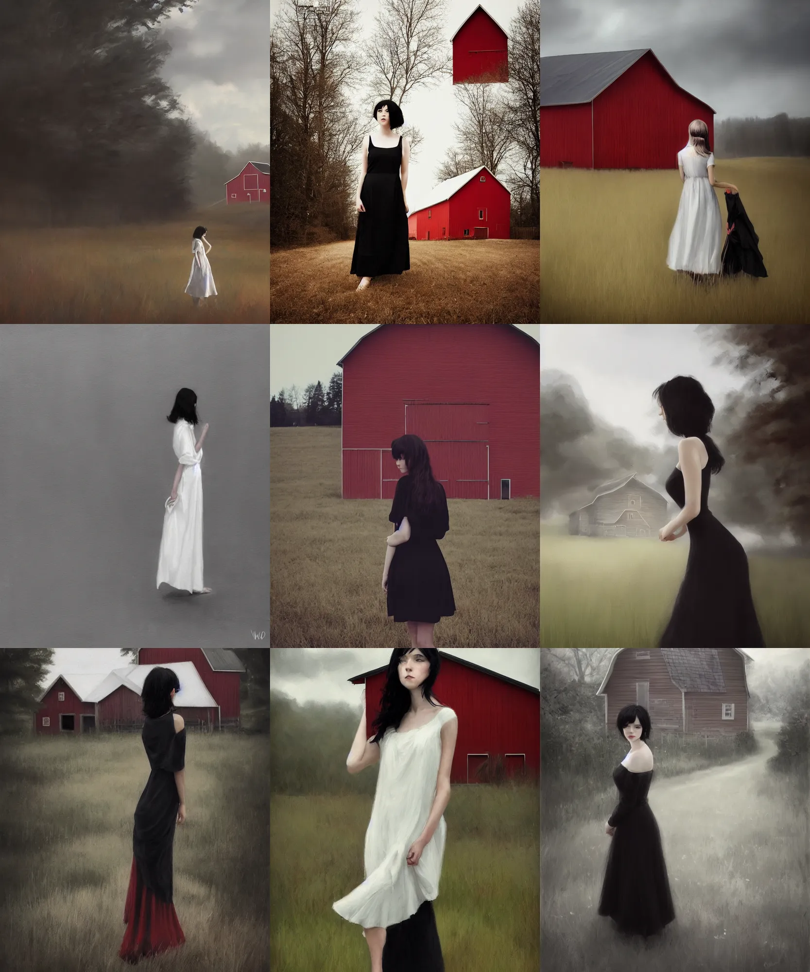 Prompt: a young woman in the shadow! of a red barn!. black hair, white! dress, sharp focus, wide angle, by wlop, trending on artstation