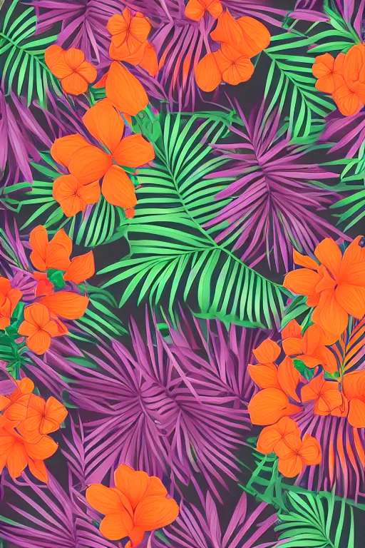 Prompt: sombre detailed vector illustration of photorealistic robotic tropical flowers and green wirey leaves, multiple cohesive colors ranging from warms purples to bright oranges on a ((very dark black factory background)), 4K resolution, trending on artstation, hd wallpaper