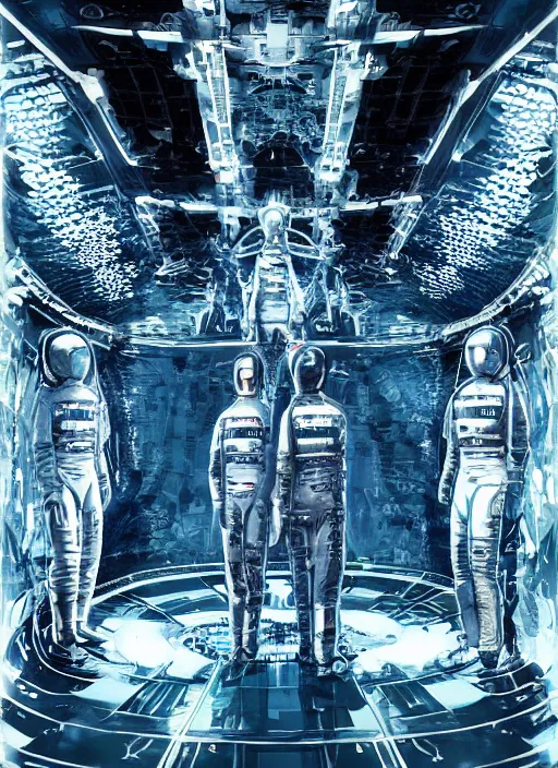 Prompt: astronauts in dark and empty mirrored room - complex and hyperdetailed technical suit. reflection and dispersion materials. rays and dispersion of light. volumetric light. 5 0 mm, f / 3 2. noise film photo. flash photography. ultra realistic, wide angle. poster by wayne barlowe, hajime sorayama aaron horkey, craig mullins