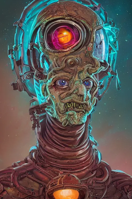 Prompt: rick and morty fused with a lovecraft space zombie wearing a damaged helmet, photo, portrait, 3d, high details, intricate details, by vincent di fate, artgerm julie bell beeple, 90s, Smooth gradients, octane render, 8k, High contrast, duo tone, depth of field, very coherent symmetrical artwork