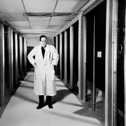 Image similar to a 1 9 5 0 s male scientist wearing a lab coat standing lost in the backrooms, mono - yellow old moist carpet, empty liminal space, very dark shadows, broken fluorescent lighting, horror movie scene, film grain