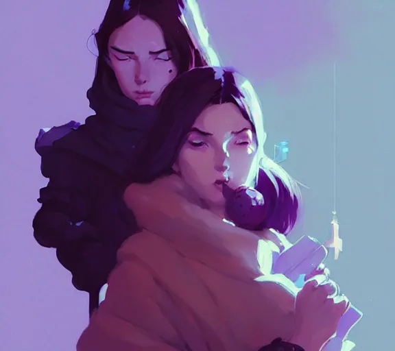 Prompt: portrait violet and caitlyn, arcane, by atey ghailan, by greg rutkowski, by greg tocchini, by james gilleard, by joe fenton, by kaethe butcher, dynamic lighting, gradient light blue, brown, blonde cream and white color scheme, grunge aesthetic