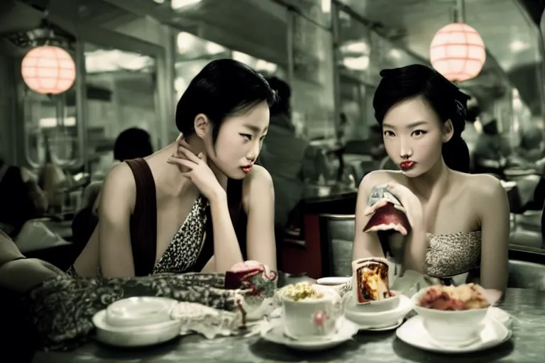 Image similar to movie interior closeup beautiful Chinese fashion model couple closeup sitting at 50s diner, night in the city, beautiful skin, by Emmanuel Lubezki