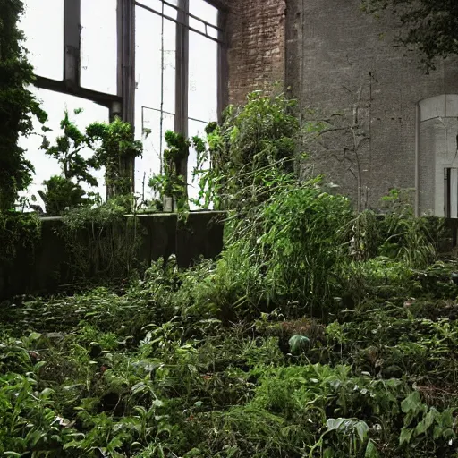 Image similar to an abandoned building, overgrown plants, dreamy, overcast, by hans bellmer