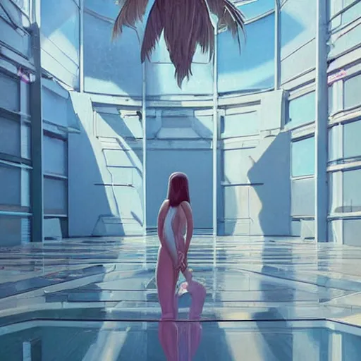 Image similar to scifi indoor liminal space, golden light, greg rutkowski, palm trees, pink door, minimalistic, hyperrealistic surrealism, award winning masterpiece with incredible details, epic stunning, infinity pool mirrors, a surreal vaporwave liminal space with mirrors, highly detailed, trending on artstation, artgerm and greg rutkowski and alphonse mucha, daily deviation