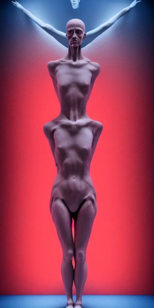 Image similar to poster design, full body anatomical model, 3 d photographic render of a deconstructed asymmetric human anatomical correct human body, in hoc signo vinces, waterfall, in the style of leonora carrington, gottfried helnwein, intricate composition, blue light by caravaggio, insanely quality, highly detailed, masterpiece, red light, artstation