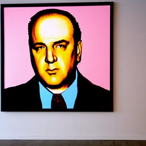 Prompt: painting of Tony soprano in the style of Andy Warhol hung on the wall of a modern art gallery, huge atrium lots of natural light, spectators looking at the painting