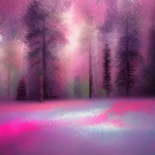 ancient magical dark forest, tall purple and pink