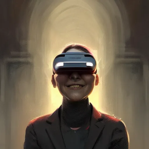 Prompt: Portrait of a woman by Greg Rutkowski, symmetrical face, a woman using a VR Headset covering her eyes, Kubric Stare, crooked and uncanny smile smile, she's wearing an office outfit, highly detailed portrait, scifi, digital painting, artstation, book cover, cyberpunk, concept art, smooth, sharp foccus ilustration, Artstation HQ