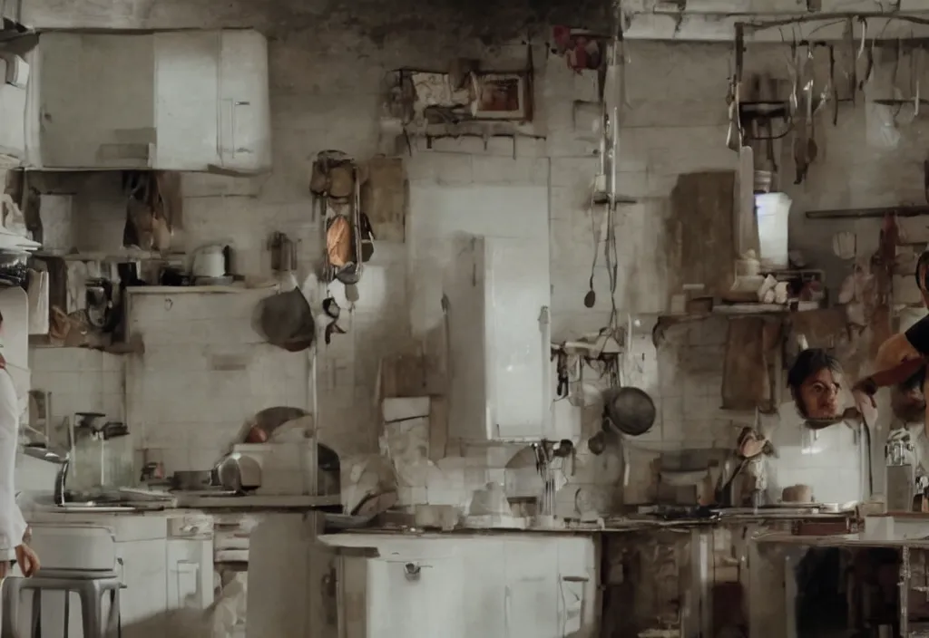 Image similar to movie still of a kitchen room, directed by joko anwar, 4 kuhd, award winning, highly detailed, cinematic
