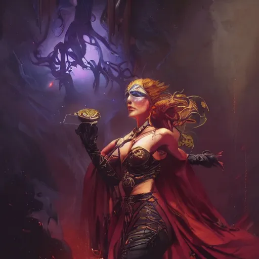 Image similar to a beautiful artwork of a dark sorceress performing magic, by raymond swanland and jesper ejsing, featured on art station