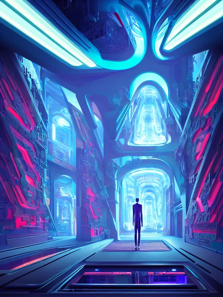 Image similar to symmetrical entrance to mainframe ethereal realm, ai sentient, octane render, symmetrical composition, dreamy colorful cyberpunk colors, 6 point perspective, fantasy landscape with anthropomorphic terrain in the styles of igor morski, jim warren and rob gonsalves, intricate, hyperrealistic, volumetric lighting, neon ambiance, distinct horizon