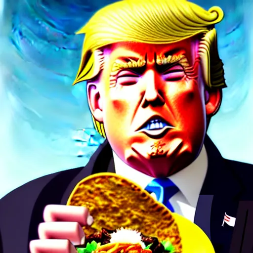 Image similar to beautiful makoto shinkai anime style digital painting portrait of donald trump eating a taco bowl, 4 k, 8 k, hd, high resolution, highly detailed, intricate detail, ultra realistic faces, digital art, trending on artstation, your name, weathering with you