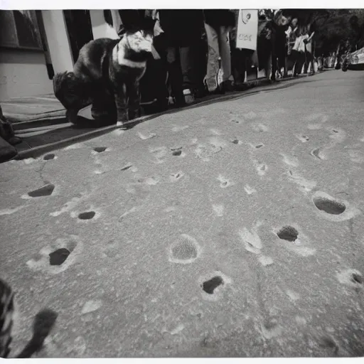 Image similar to wide-shot, low-angle eyesight, first-person!! chain of cat paw prints on fresh cement at the street, polaroid photo, by Andy Warhol