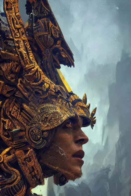 Image similar to aztec god, close - up portrait, powerfull, intricate, elegant, volumetric lighting, scenery, digital painting, highly detailed, artstation, sharp focus, illustration, concept art, ruan jia, steve mccurry