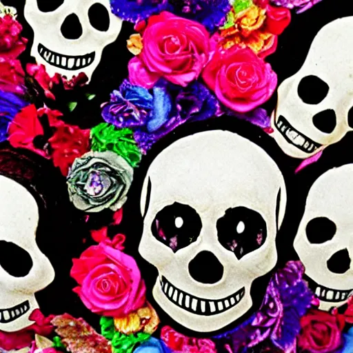 Prompt: Día de los Muertos skull masks, award winning color photograph, macabre, colorful