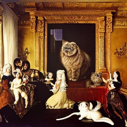 Prompt: family portrait, in the main room of the castle taking, center stage is the huge black persian cat staring contemptuously at people oil paint, variety of different brushstrokes and combining colors in perfect harmony, baroque style, year 1 6 5 6, painted directly without drawing, highlighting the difference between the illusion of art and the reality of life.