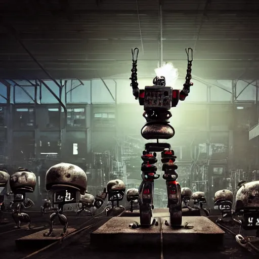 Image similar to a realistic crazy robot wearing a welding helmet, welding helmet head, one fist raised high in triumph, raised fist, standing in front of many large robots inside a huge rusty dingy warehouse, army of big robots, raygun gothic, atomic punk, digital art, detailed render, high angle