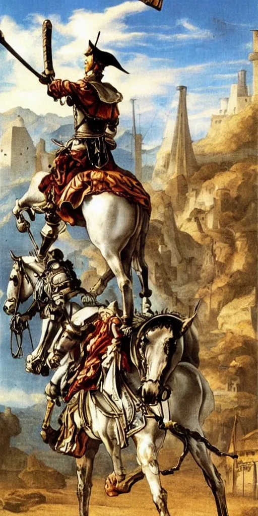 Image similar to donquixote in lamancha surrounded by white windmills airbrush fantasy 80s, realistic masterpiece