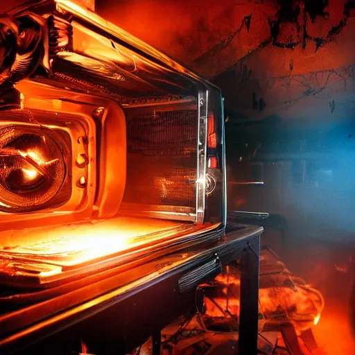 Image similar to cyborg toaster oven repairman, dark messy smoke - filled cluttered workshop, dark, dramatic lighting, orange tint, sparks, plasma rays, cinematic, highly detailed, sci - fi, futuristic, movie still