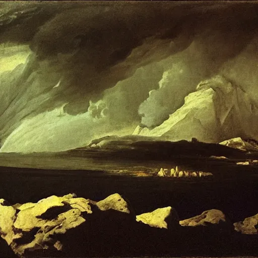 Image similar to goya the colossus painting, giant on the horizon, colossus in background, made of stone, atmospheric haze, stormy, tundra, hudson river school, princess in foreground, large scale