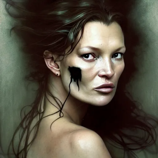 Prompt: hyperrealistic portrait of a woman as kate moss as a vampire witch tears makeup in a black flower coat turned back while closing a window over the shoulder shot portrait torn apart with falling petals in wind. by jeremy mann and alphonse mucha, fantasy art, photo realistic, dynamic lighting, artstation, poster, volumetric lighting, very detailed faces, 4 k, award winning