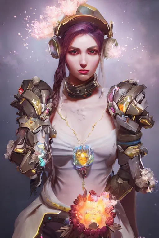 Image similar to mercy overwatch face closeup of beautiful girl necromancer, witch - doctor covered with crystals exploding into ice, 3 d render, hyper realistic detailed portrait, holding magic flowers, ruan jia, wlop. scifi, fantasy, hyper detailed, octane render, concept art, peter mohrbacher