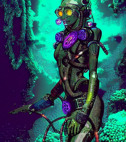 Image similar to a cyberpunk diver Polynesian woman swims through a dark bioluminescent alien coral reef, techwear, Industrial Scifi, detailed illustration, character portrait, by Martin Grip and Moebius