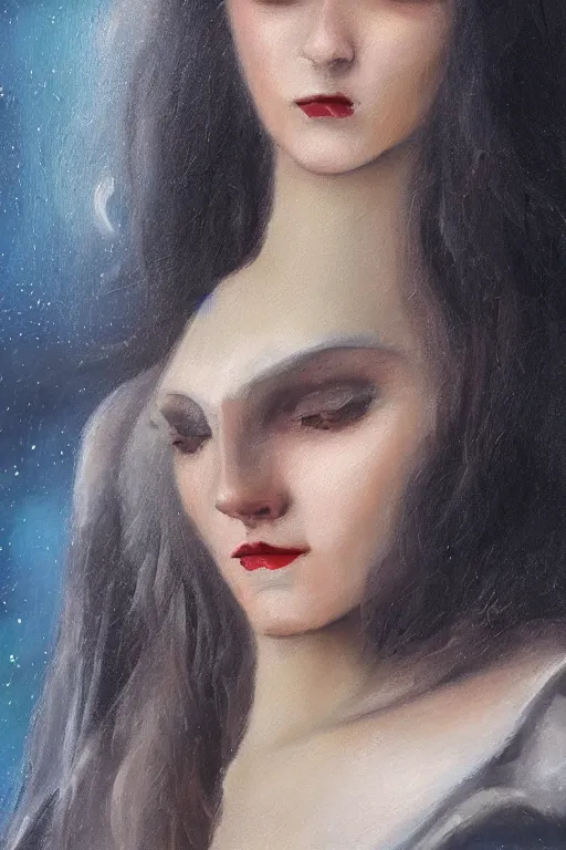 Image similar to by inci eviner oil painting, close - up portrait of european medieval brunette vampire fashion model, knight, steel gradient mixed with nebula sky, in style of baroque