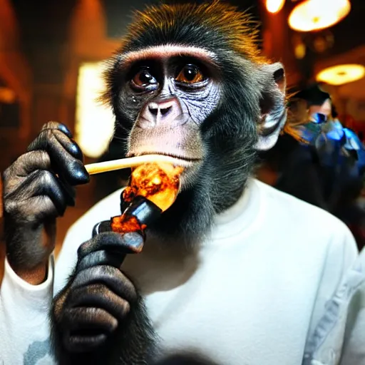 Prompt: Monkey happily smoking on a shisha pipe at a shisha bar, iPhone photo