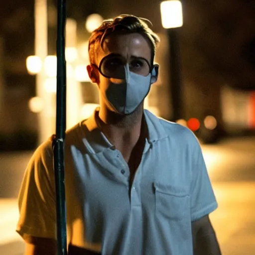 Image similar to Ryan gosling in Drive (2011) holding a baseball bat on his left hand and a goose mask on his right hand, grain, night, illuminated by a street light, atmospheric