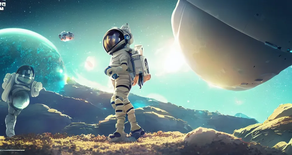 Image similar to astroneer chasing a distant spaceship Anime, wide angle, fine details, cinematic. galaxy starscape. realistic shaded lighting by Ilya Kuvshinov Giuseppe Dangelico Pino and Michael Garmash and Rob Rey greg rutkowski, octane render, IAMAG premiere, aaaa achievement collection, elegant freckles, cinematic hologram, fabulous, daily deviation, 4k, 8k, annual award winner