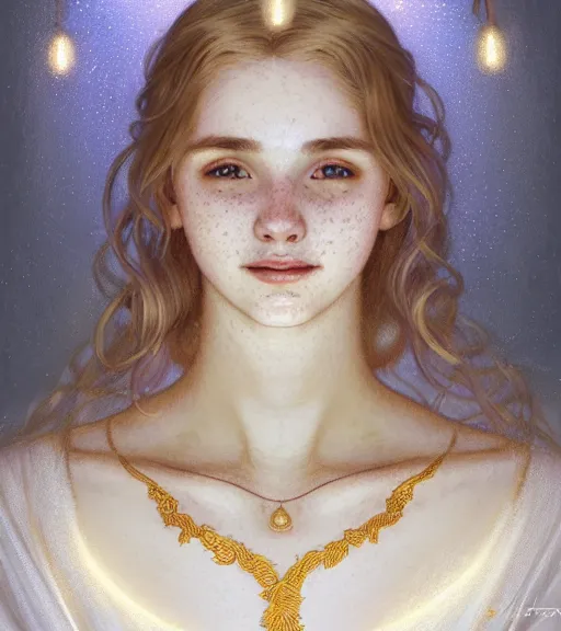 Image similar to portrait of teenage aphrodite, light freckles, dirty blonde hair, smiling kindly, wearing an embroidered white linen dress, lace neckline, intricate, elegant, mother of pearl jewelry, glowing lights, highly detailed, digital painting, artstation, concept art, smooth, sharp focus, illustration, art by wlop, mucha, artgerm, and greg rutkowski