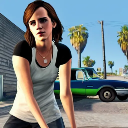 Image similar to emma watson on a gta 5 cover art