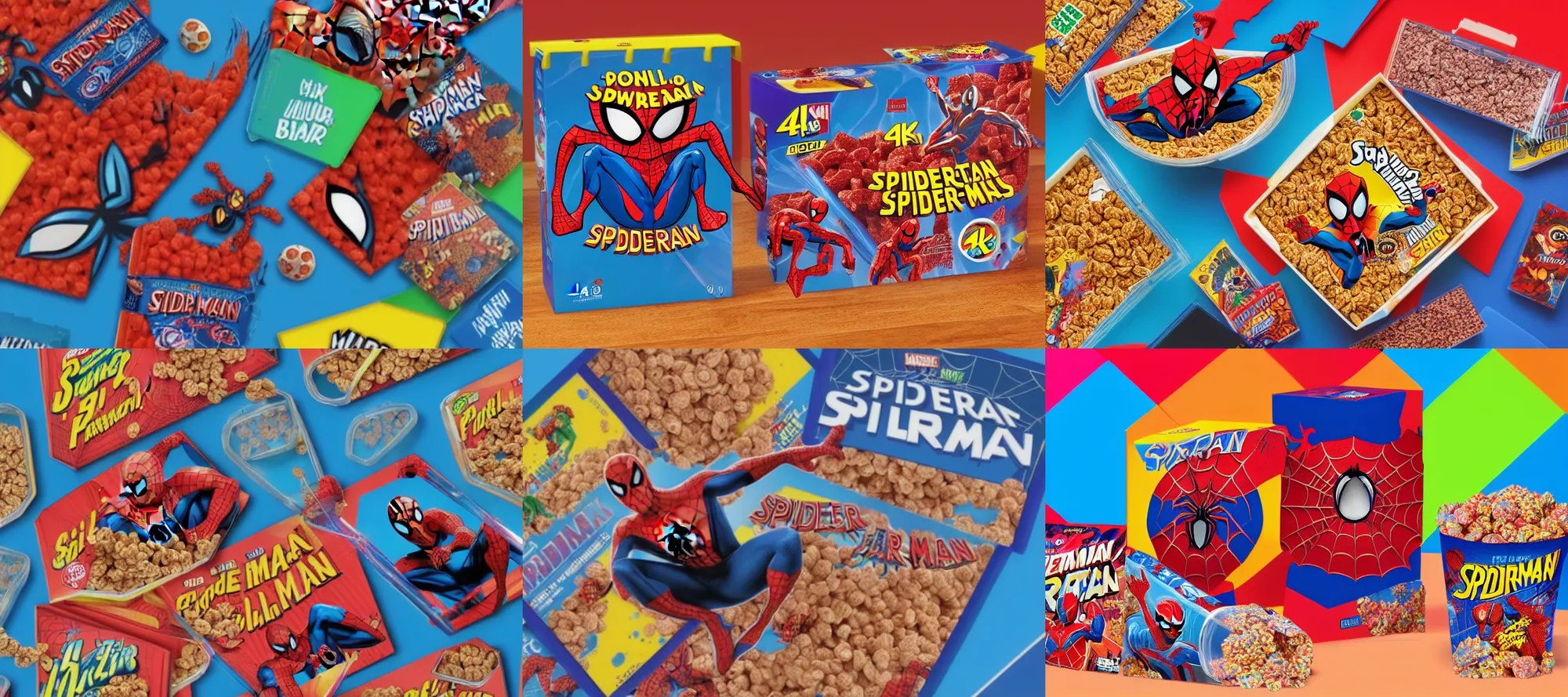 Prompt: Spider-Man themed cereal, promotional image, colorful box next bowl of cereal, 4k, saturated colors low contrast