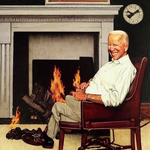 Image similar to eye level realistic portrait painting by Norman Rockwell of Joe Biden sitting in a chair. Cozy fire. Legs apart