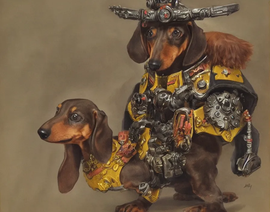 Image similar to Warhammer 40000 portrait of a dachshund by John Blanche