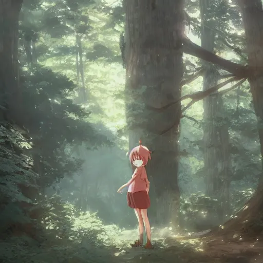 Prompt: anime character in the woods, hyperrealistic, trending on pixiv fanbox, painted by greg rutkowski makoto shinkai takashi takeuchi studio ghibli, akihiko yoshida