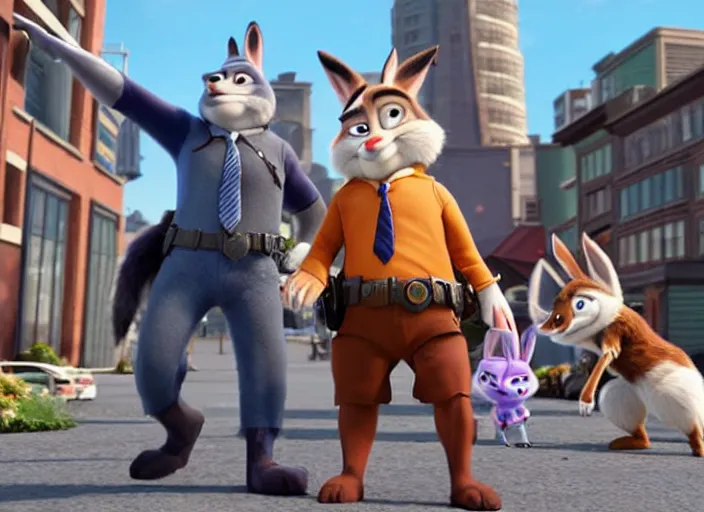 Prompt: Mr. Wolf from Bad Guys is being arrested by Judy Hopps from Zootopia. 3D pixar animation frame