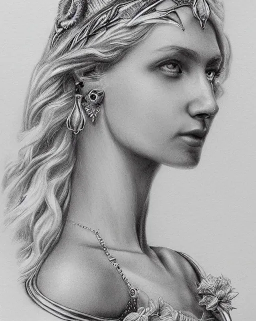 Image similar to pencil drawing of a beautiful greek goddess aphrodite wearing a laurel wreath and arrowhead earrings, beautiful confident and piercing eyes, beautiful blonde hair, hyper realistic face, in the style of greg rutkowski, fantasy, amazing detail, epic, elegant, smooth, sharp focus, from the front