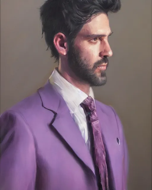 Image similar to An oil painting of a man in his twenties dressed in a purple suit, sleeked back hair, deranged face, highly realistic, highly detailed, 4k, by Greg Rutkowski, trending on artstation