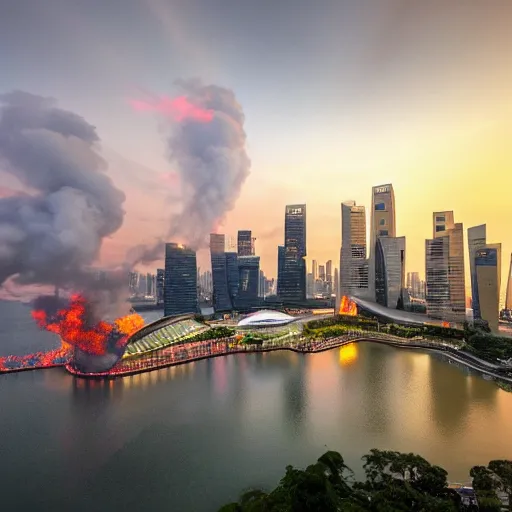 Prompt: imagine the city of singapore with you in it ( it is on fire )