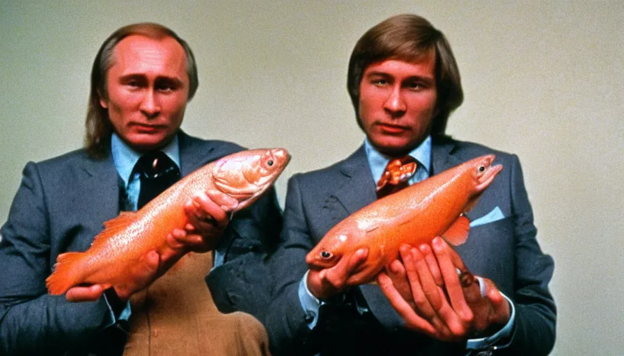 Image similar to 7 0 s movie still of putin in tellsell, proudly holding a salmon. cinestill 8 0 0 t _ 3 5 mm eastmancolor, heavy grain, high quality, high detail