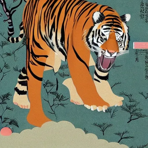 Prompt: a delorean and a tiger, magazine collage, art by hsiao - ron cheng and utagawa kunisada