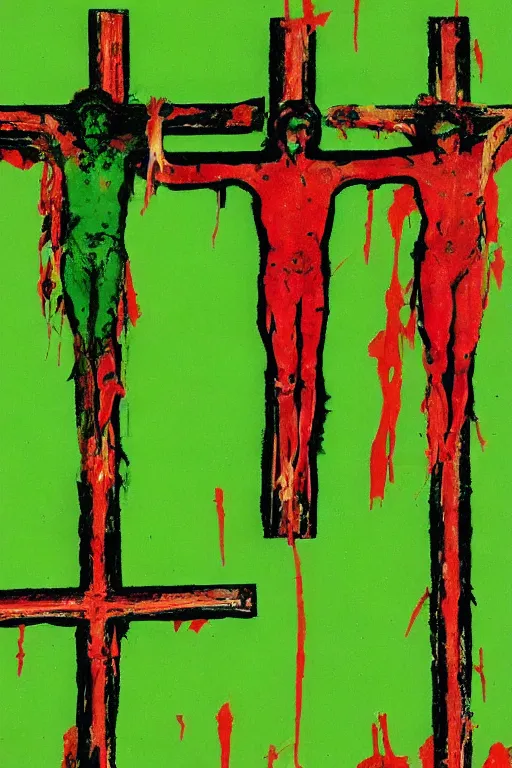 Image similar to green background with bloody christ crucified painted by cy twombly and andy warhol